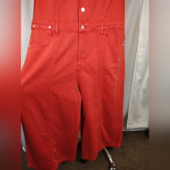 Madewell Crop Denim Overalls, Women Orange, Sleeveless, Pockets, Wide Leg, 14 - Picture 6 of 13